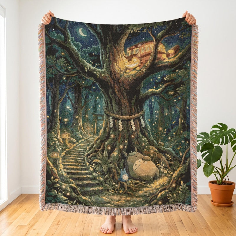 Totoro Inspired Woven Blanket, Ghibliesque Anime Throw