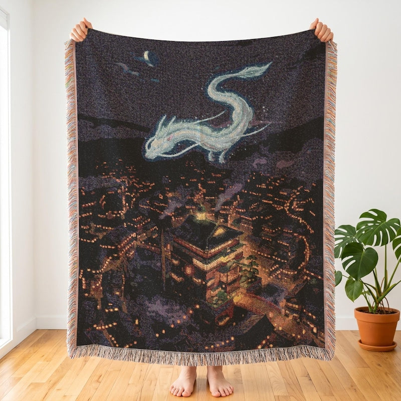 Haku Anime White Dragon Blanket, Glowing Spirited Away Woven Throw