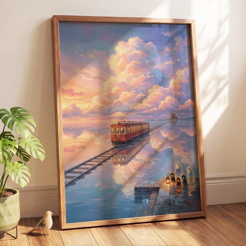 Studio Ghibli Inspired Wall Art Poster - Spirited Away Ocean Train Sunset Print | Cozy Anime Room Decor
