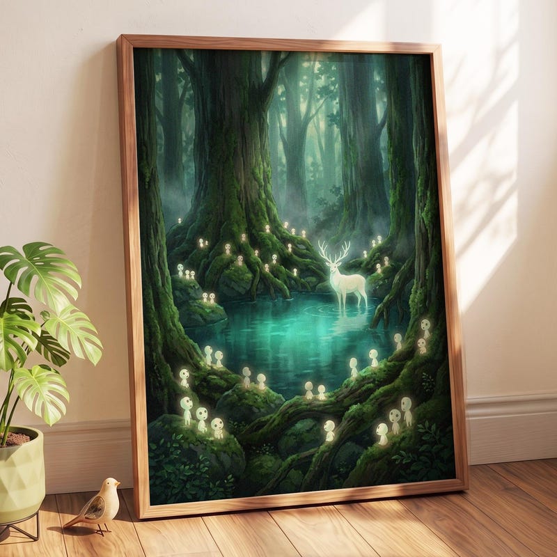 Studio Ghibli Inspired Wall Art Poster - Princess Mononoke Mystical Tree Spirit Pond | Glow Bioluminescent Print