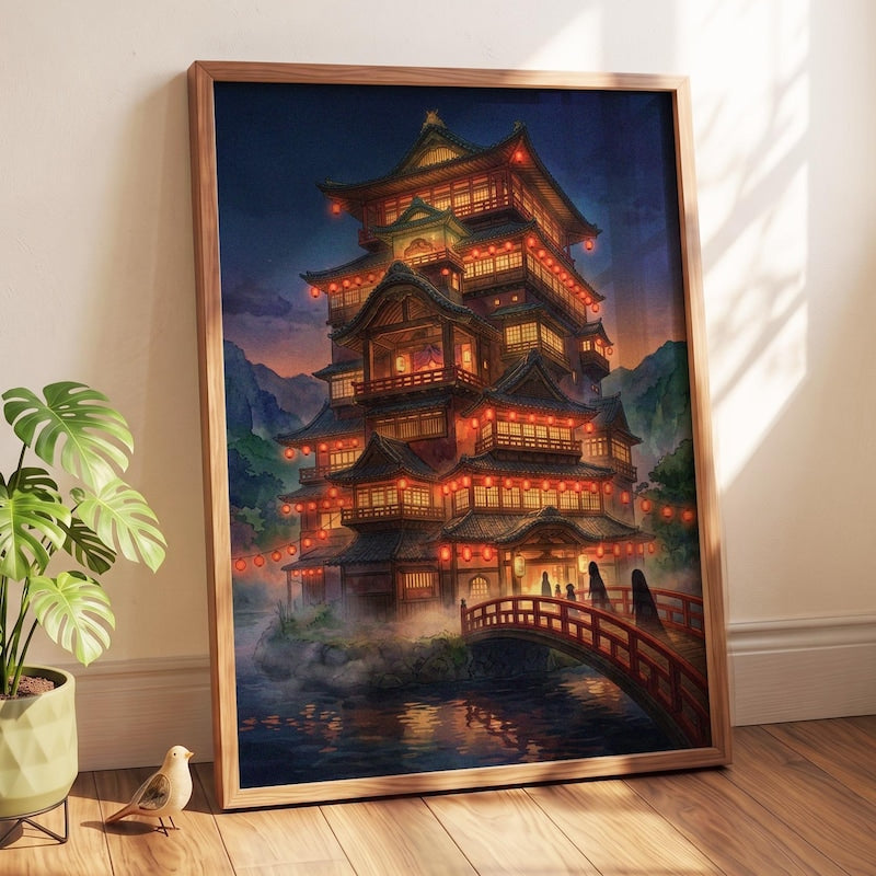 Studio Ghibli Inspired Wall Art Poster - Spirited Away Traditional Bathhouse Twilight | Magical Anime Lantern Decor