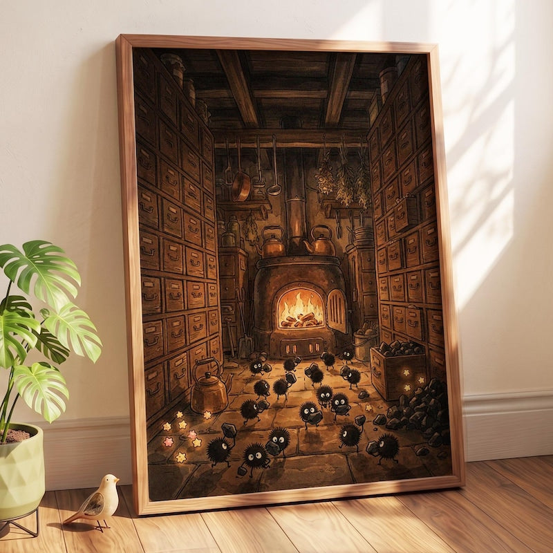 Studio Ghibli Inspired Wall Art Poster - Spirited Away Apothecary Boiler Room Print | Anime Soot Sprite Kitchen Art