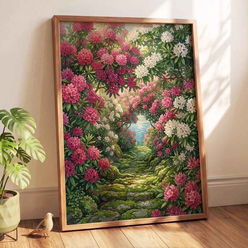 Studio Ghibli Inspired Wall Art Poster - Spirited Away Pink Rhododendron Garden Path | Secret Floral Sanctuary Print
