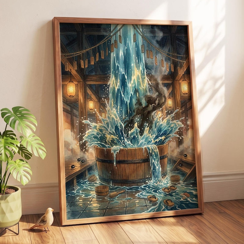 Studio Ghibli Inspired Wall Art Poster - Spirited Away Magical Bathhouse Rushing Water | Ethereal Splashing Tub Art