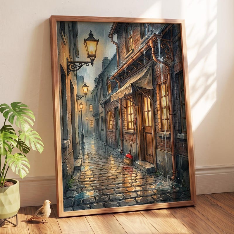 Studio Ghibli Inspired Wall Art Poster - Kiki's Delivery Service Rainy Alley Print | Red Delivery Broom Streetlamp