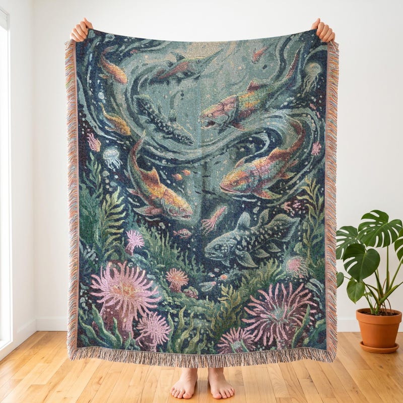 Ponyo Inspired Vibrant Prehistoric Ocean Woven Blanket