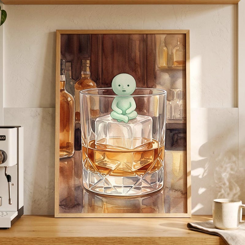 Whiskey Glass Art, Smiski Inspired Poster