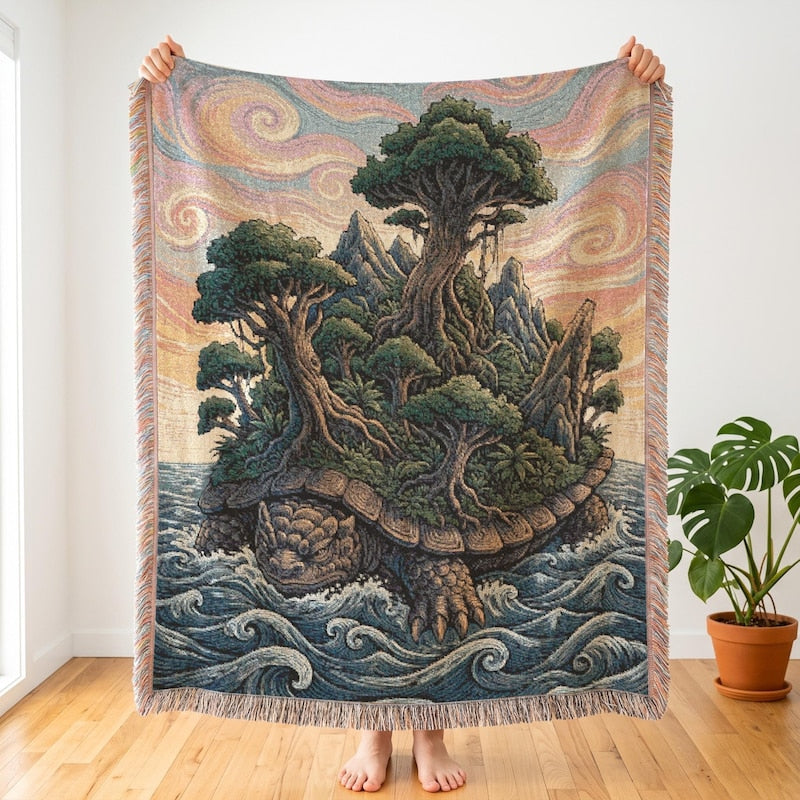 Giant Lion Turtle Woven Throw | ATLA Inspired, Epic Anime Landscape Tapestry
