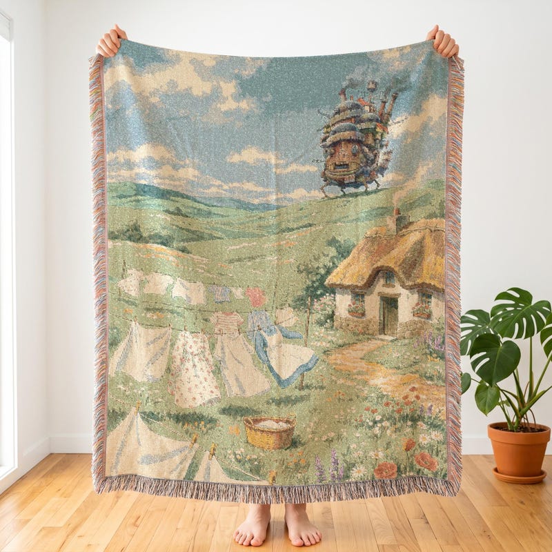 Whimsical Anime Meadow Throw | Howl's Moving Castle, Ghibli Inspired Woven Blanket
