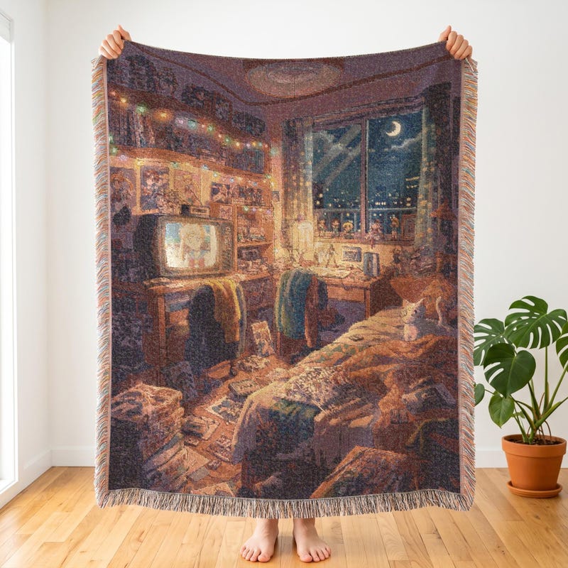 90s Anime Bedroom Tapestry, Retro Neo Tokyo Woven Blanket