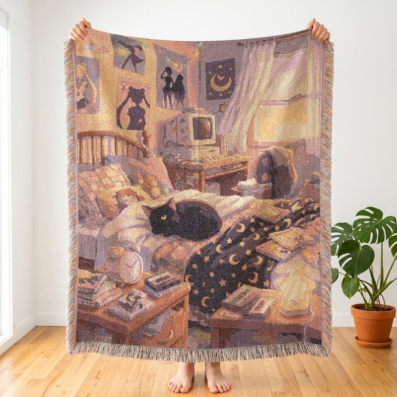 Crescent Moon Cat Blanket, 90s Anime Inspired Woven Throw