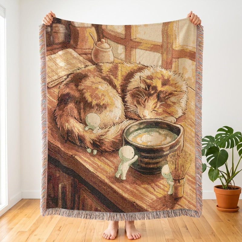Smiski Inspired Cozy Cafe Cat Woven Blanket, Kawaii Desk Decor