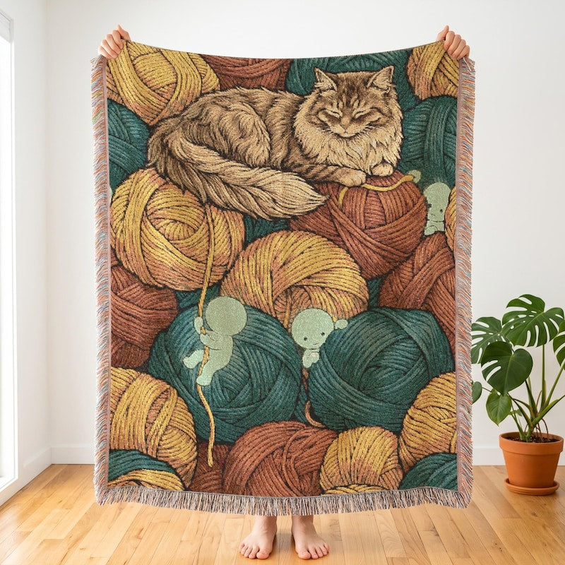 Smiski Inspired Cat Yarn Basket Woven Blanket, Kawaii Room Throw