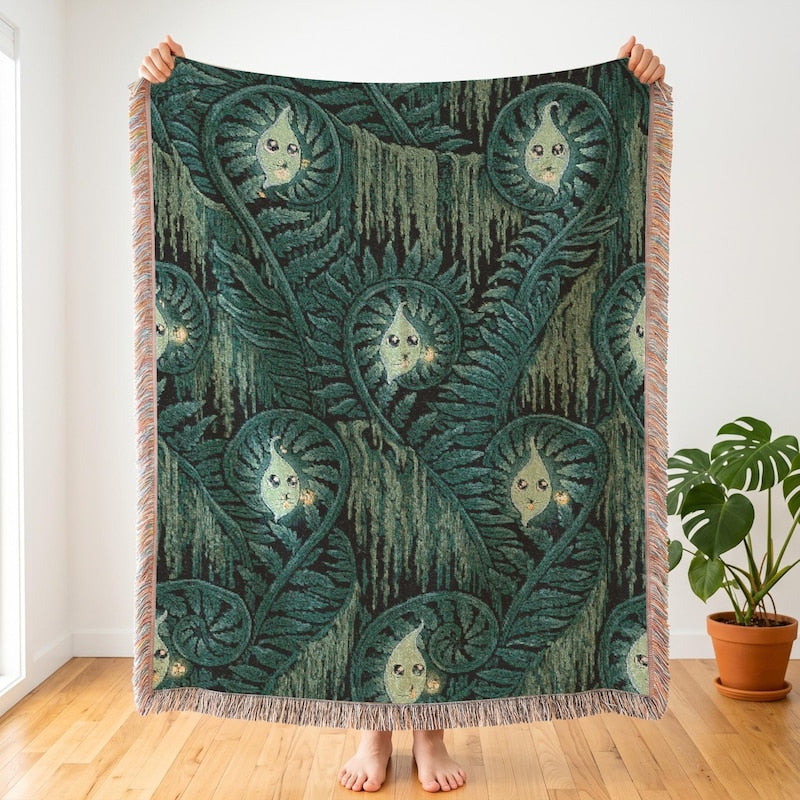 Swamp Wisp Woven Blanket, Dark Botanical Fern Throw