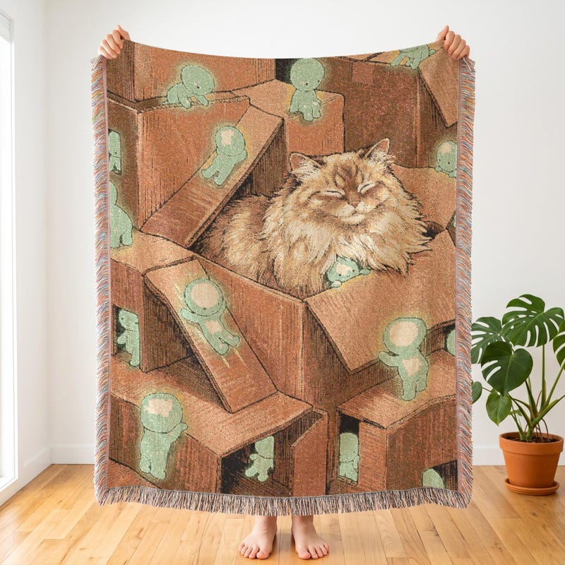 Smiski Inspired Cardboard Box Cat Woven Blanket, Quirky Kawaii Art Throw
