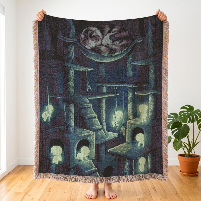Smiski Inspired Midnight Cat Tree Blanket, Moody Kawaii Room Decor