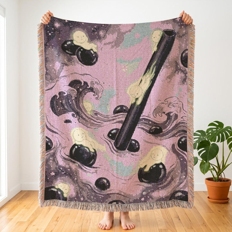 Smiski Inspired Taro Boba Galaxy Woven Blanket, Pastel Kawaii Space Art
