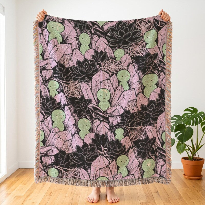 Smiski Inspired Pastel Goth Terrarium Woven Throw, Spooky Kawaii Blanket