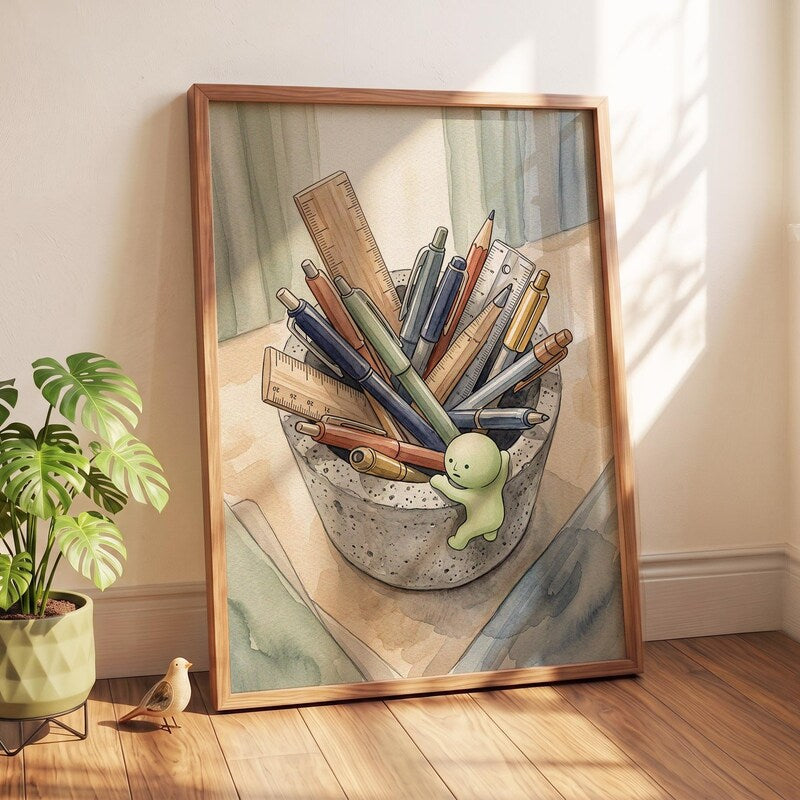 Overwhelmed Desk Decor Poster, Smiski Inspired Wall Art