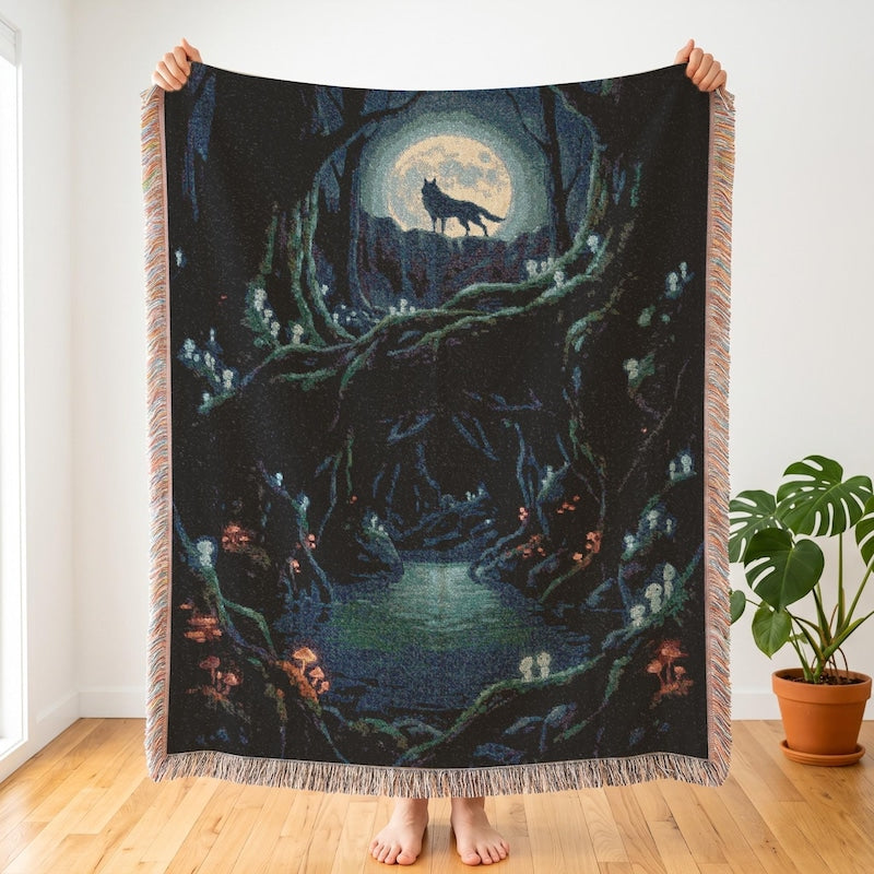 Princess Mononoke Wolf Spirit Woven Throw, Dark Anime Blanket