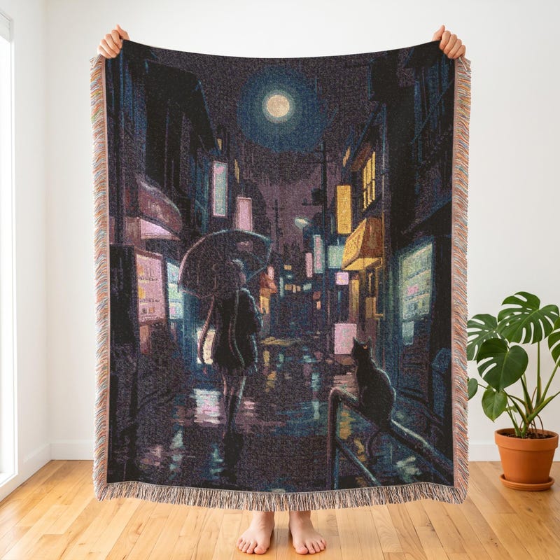 90s Anime Inspired Woven Throw, Neon Tokyo Blanket