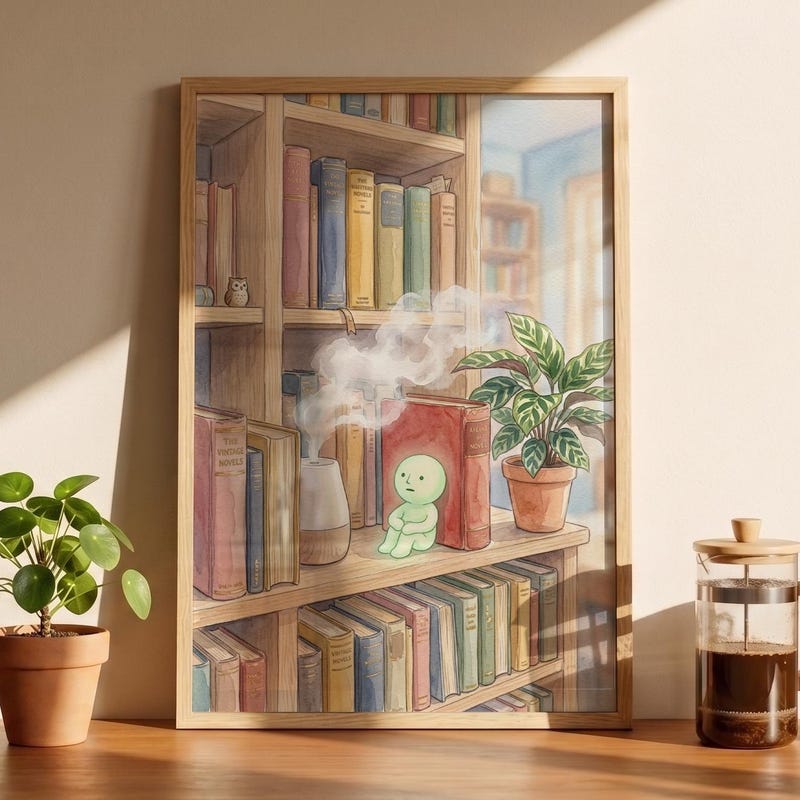 Cozy Bookshelf Art, Smiski Inspired Wall Decor Poster