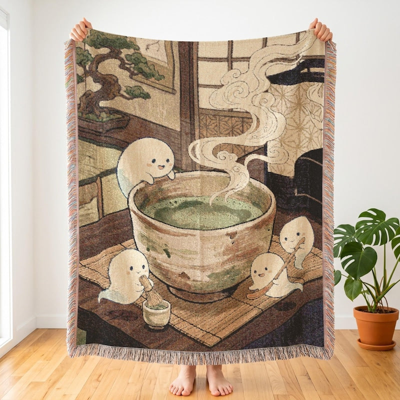 Japanese Yokai Inspired Woven Blanket, Cute Japandi Matcha Art