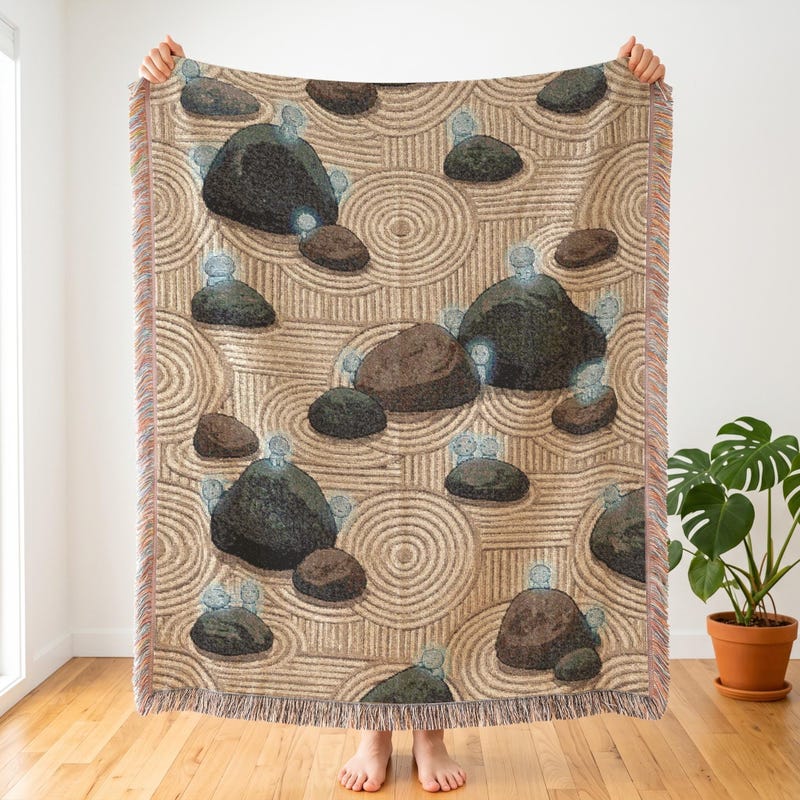 Zen Rock Garden Inspired Woven Blanket, Wabi Sabi Spirit Art