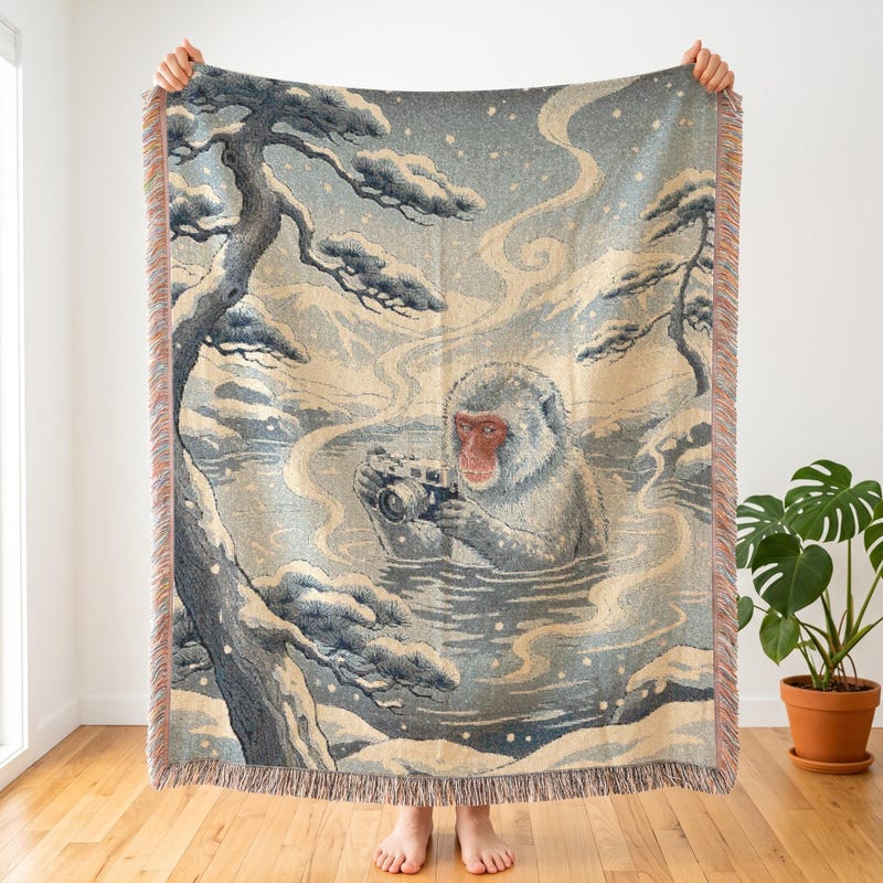Snow Macaque Inspired Woven Blanket, Quirky Vintage Camera Art