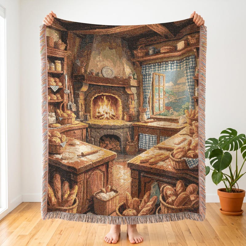 Studio Ghibli Inspired Woven Blanket, Cozy Coastal Bakery