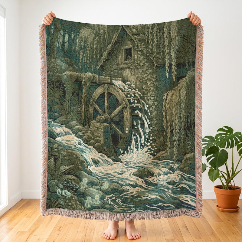 Studio Ghibli Inspired Woven Blanket, Mossy River Watermill