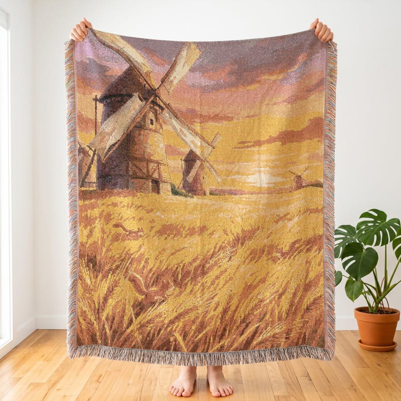 90s Anime Inspired Woven Blanket, Golden Wheat Windmill Art
