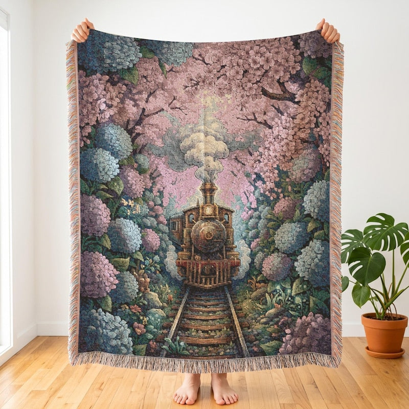 Studio Ghibli Inspired Woven Blanket, Magical Floral Train