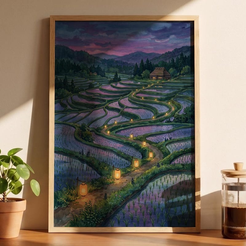 Twilight Rice Paddies Framed Poster, Totoro Inspired Wall Art