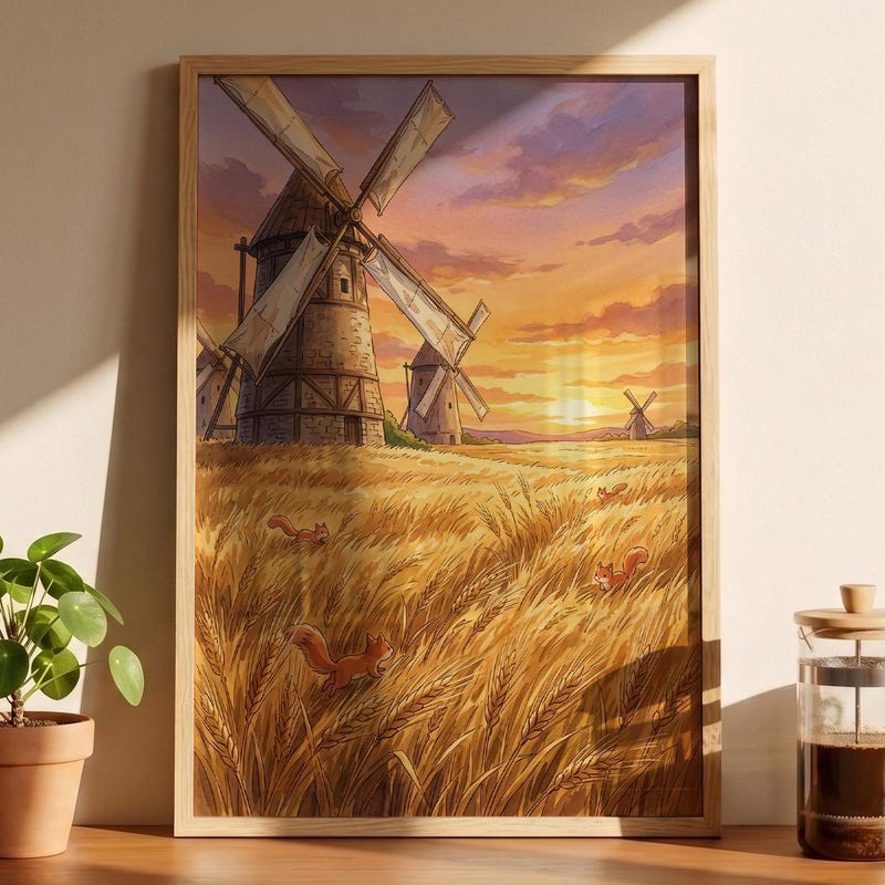 Windmill Valley Framed Poster, 90s Anime Inspired Farm Decor