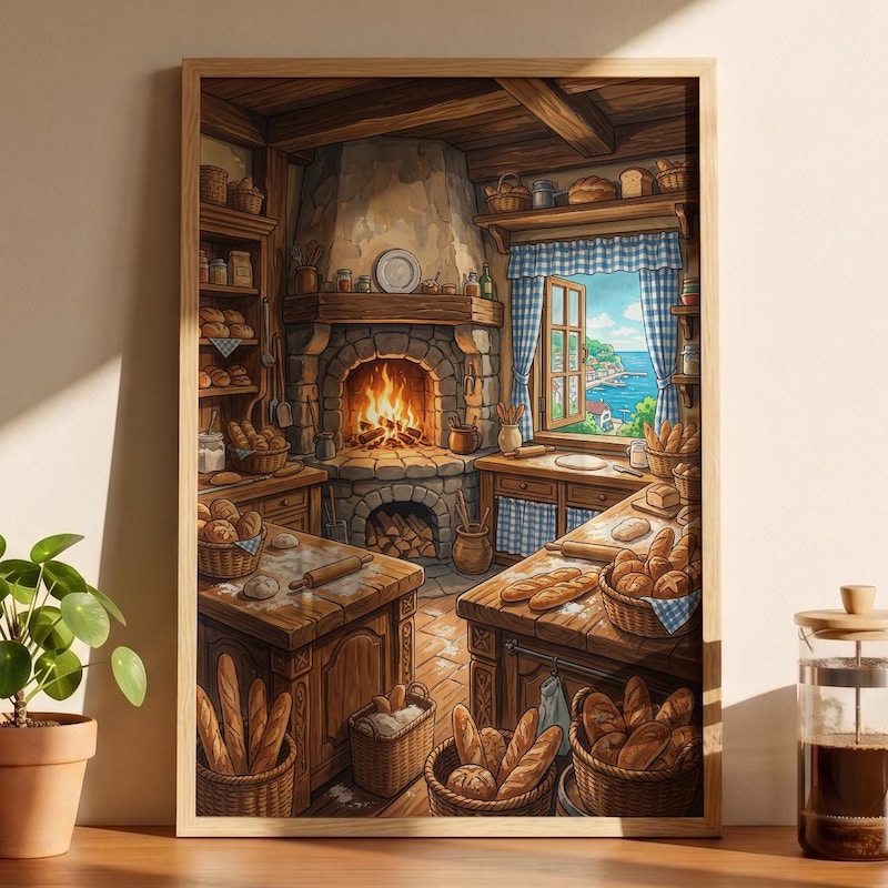 Seaside Bakery Framed Poster, Kiki Delivery Service, Studio Ghibli Inspired Wall Art