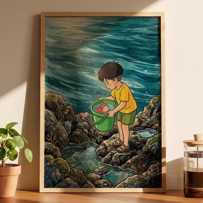 Green Bucket Rescue Framed Poster, Ponyo Inspired Wall Art