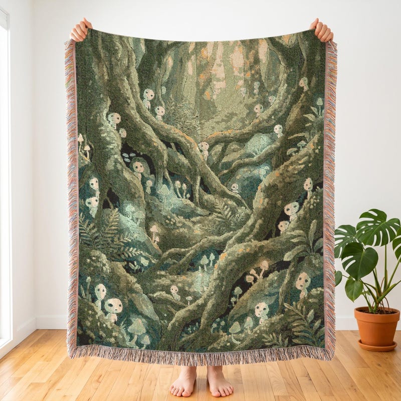 Mossy Forest Spirit Tapestry | Kodama Inspired Woven Blanket