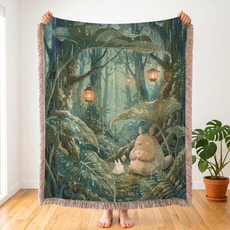 Rainy Forest Spirit Tapestry | Totoro Inspired Woven Blanket