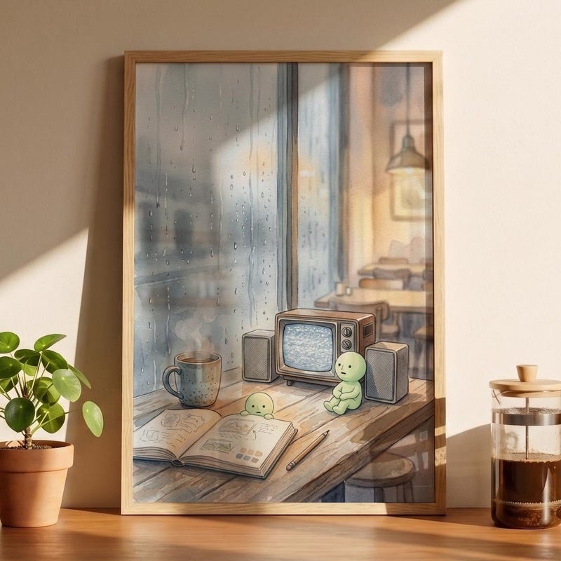 Cafe Chill Smiski Inspired Poster, Rainy Kawaii Art