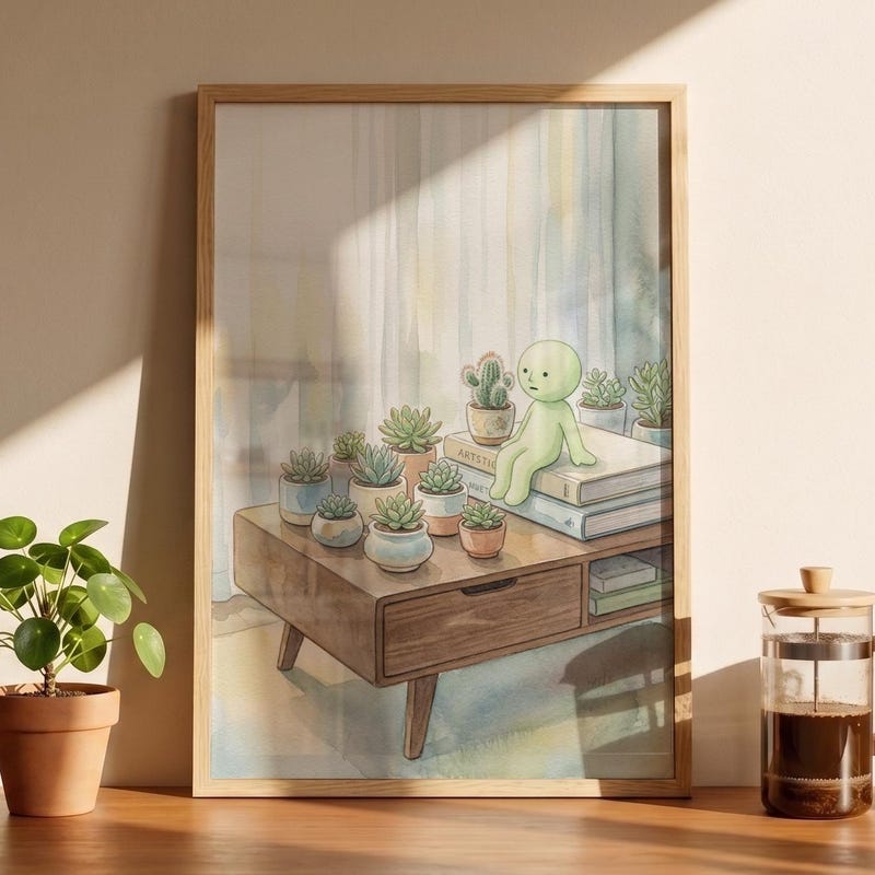 Mid Century Modern Art, Smiski Inspired Plant Poster