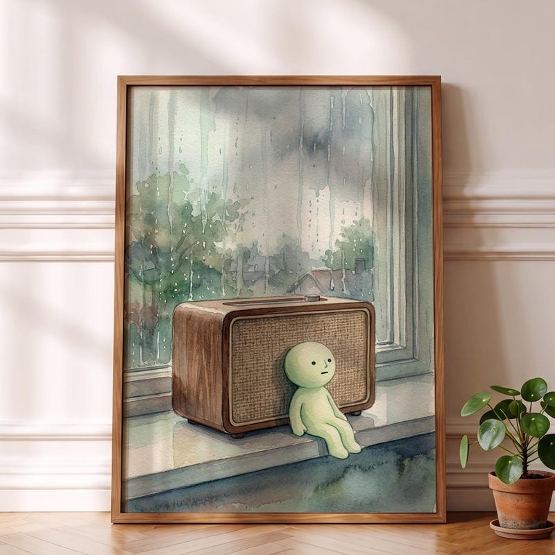 Smiski Inspired Poster, Moody Rainy Window Radio Wall Art