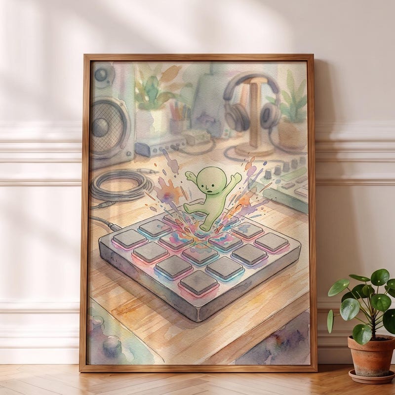 Smiski Inspired Poster, Electronic Drum Machine Room Decor
