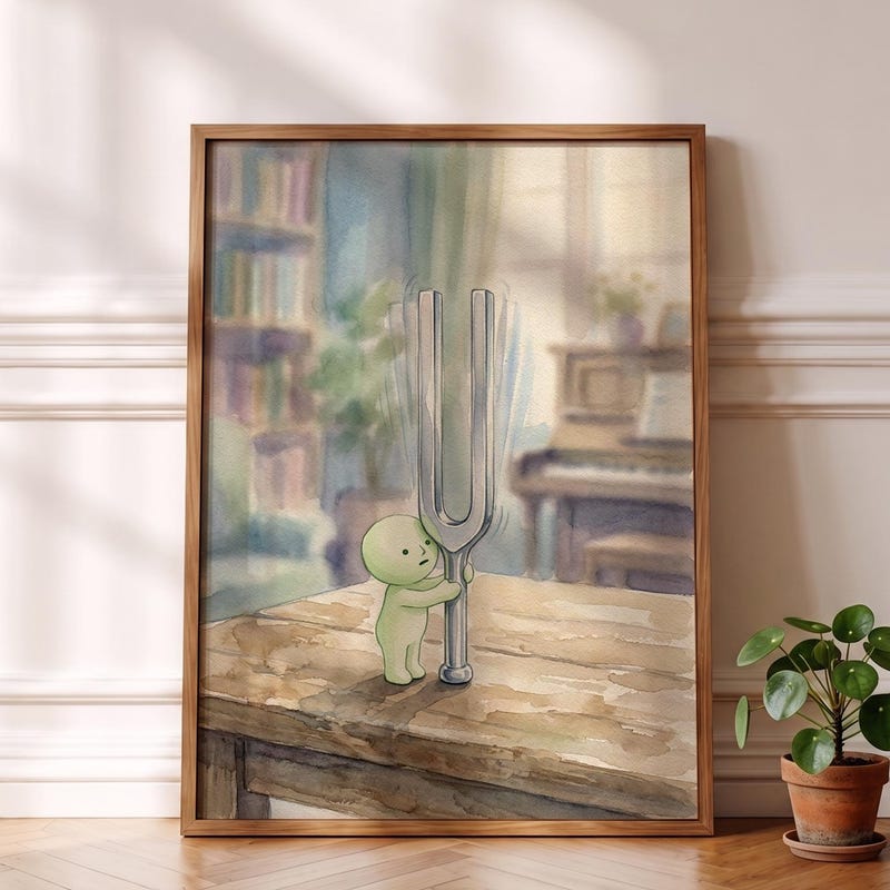Smiski Inspired Poster, Silver Tuning Fork Musical Wall Decor