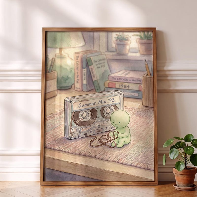 Smiski Inspired Poster, Retro Cassette Tape Ribbon Room Art