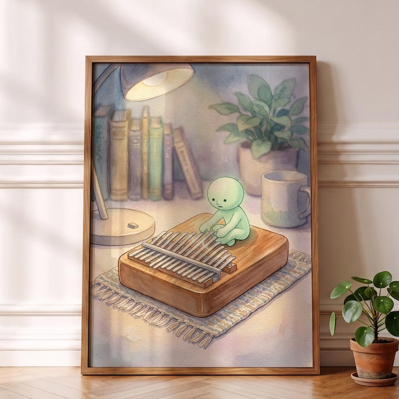 Smiski Inspired Poster, Wooden Kalimba Thumb Piano Wall Art