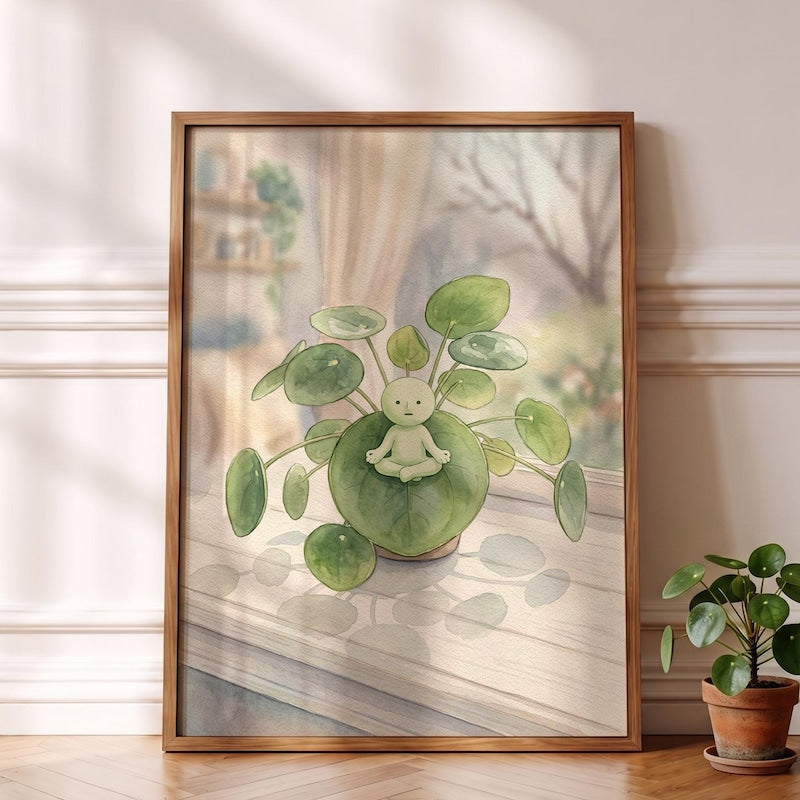 Smiski Inspired Poster, Pilea Plant Meditation Room Decor