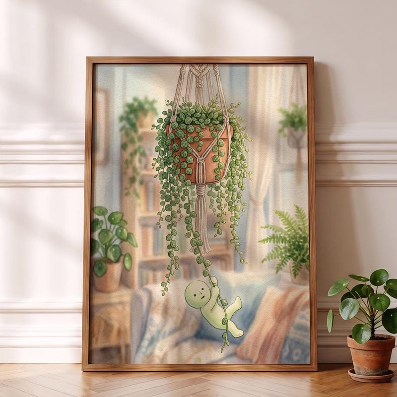 Smiski Inspired Poster, String of Turtles Plant Wall Art Print