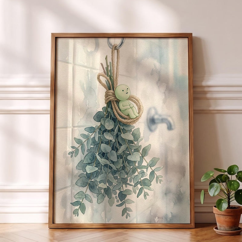 Smiski Inspired Poster, Steamy Eucalyptus Shower Wall Decor