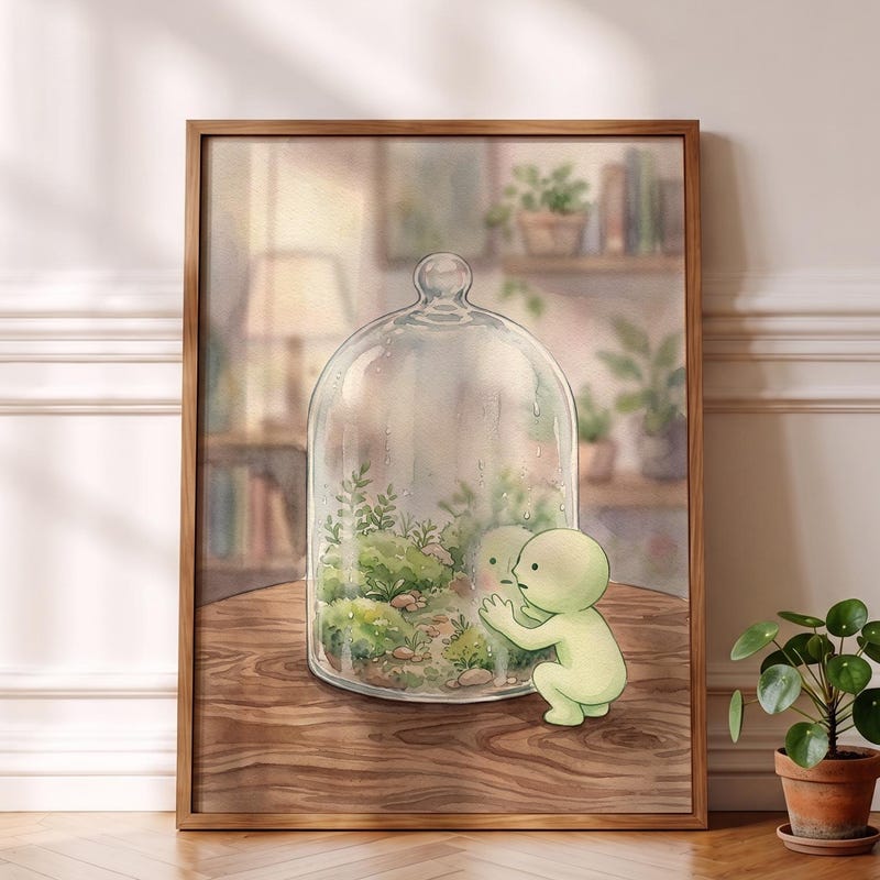 Smiski Inspired Poster, Foggy Moss Terrarium Botanical Art
